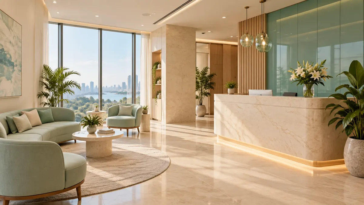 Illustrative healthcare reception with a welcoming waiting area