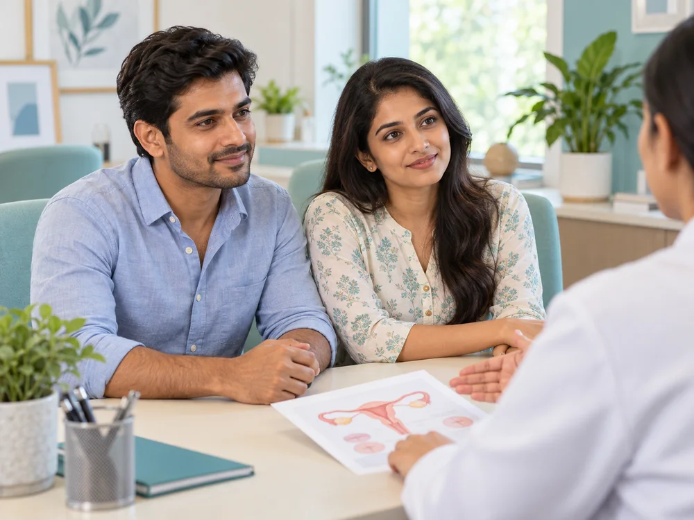 Illustrative couple discussing fertility assessment and treatment options during a consultation